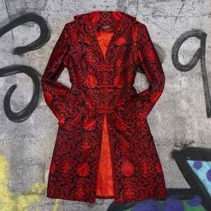 LanVie Jacquard Silk Brocade Long Coat, Red & Black Frog Closures, Size 10